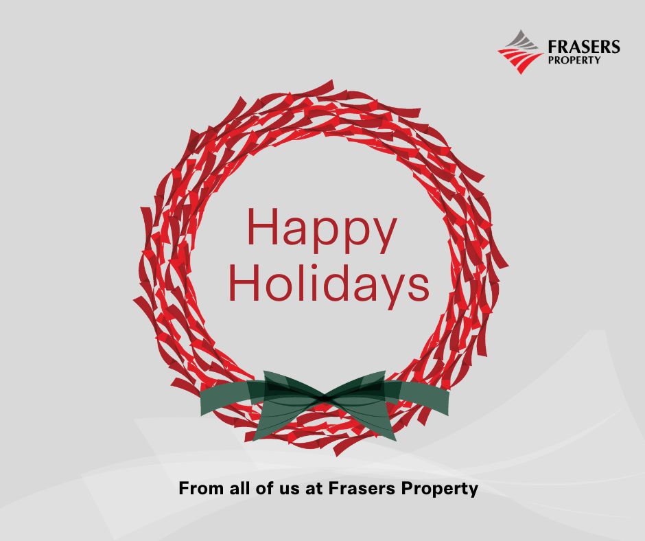 A red holiday wreath with a green bow and the text Happy Holidays in the centre. The Frasers Property logo is in the corner, with a message: From all of us at Frasers Property.