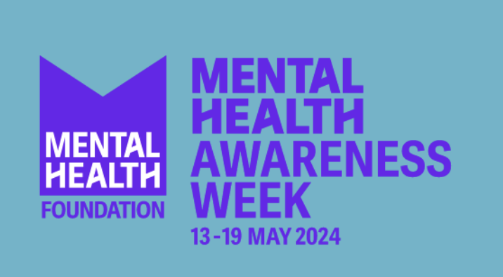 Mental Health Awareness Week graphic with the Mental Health Foundation logo and the dates 13–19 May 2024 on a blue background.