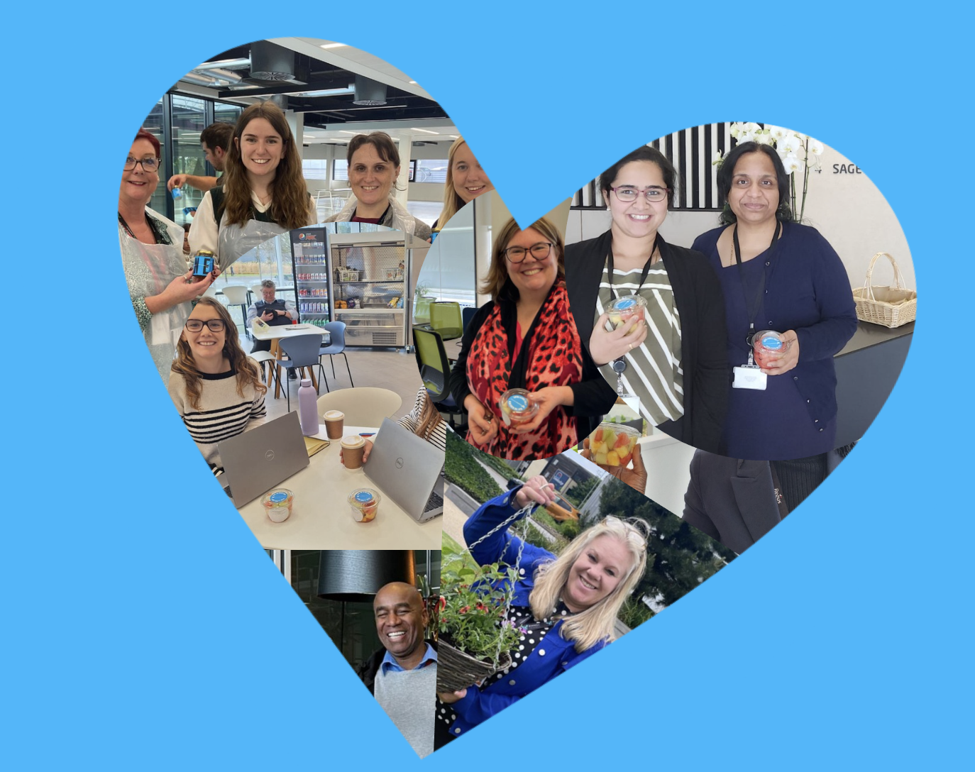 A collage of people smiling and holding small items, set within a heart shape on a blue background.