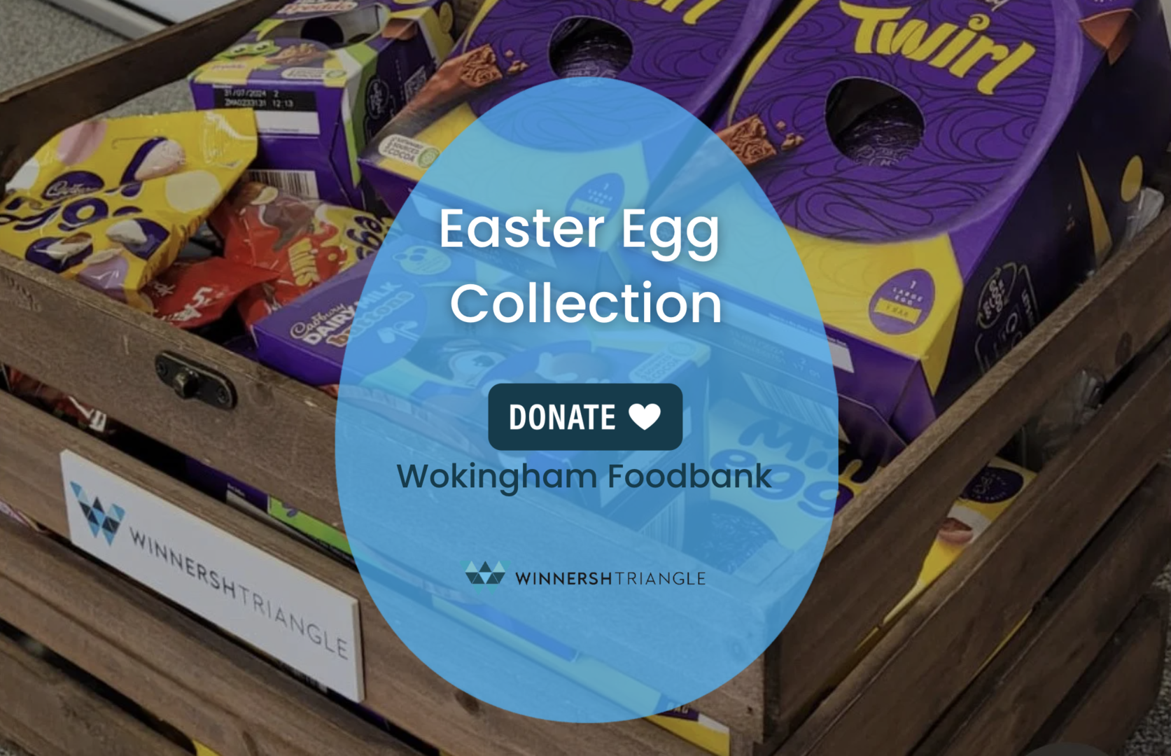 A crate filled with Easter egg chocolate boxes, a sign reads Easter Egg Collection - Donate - Wokingham Foodbank with the Winnersh Triangle logo.